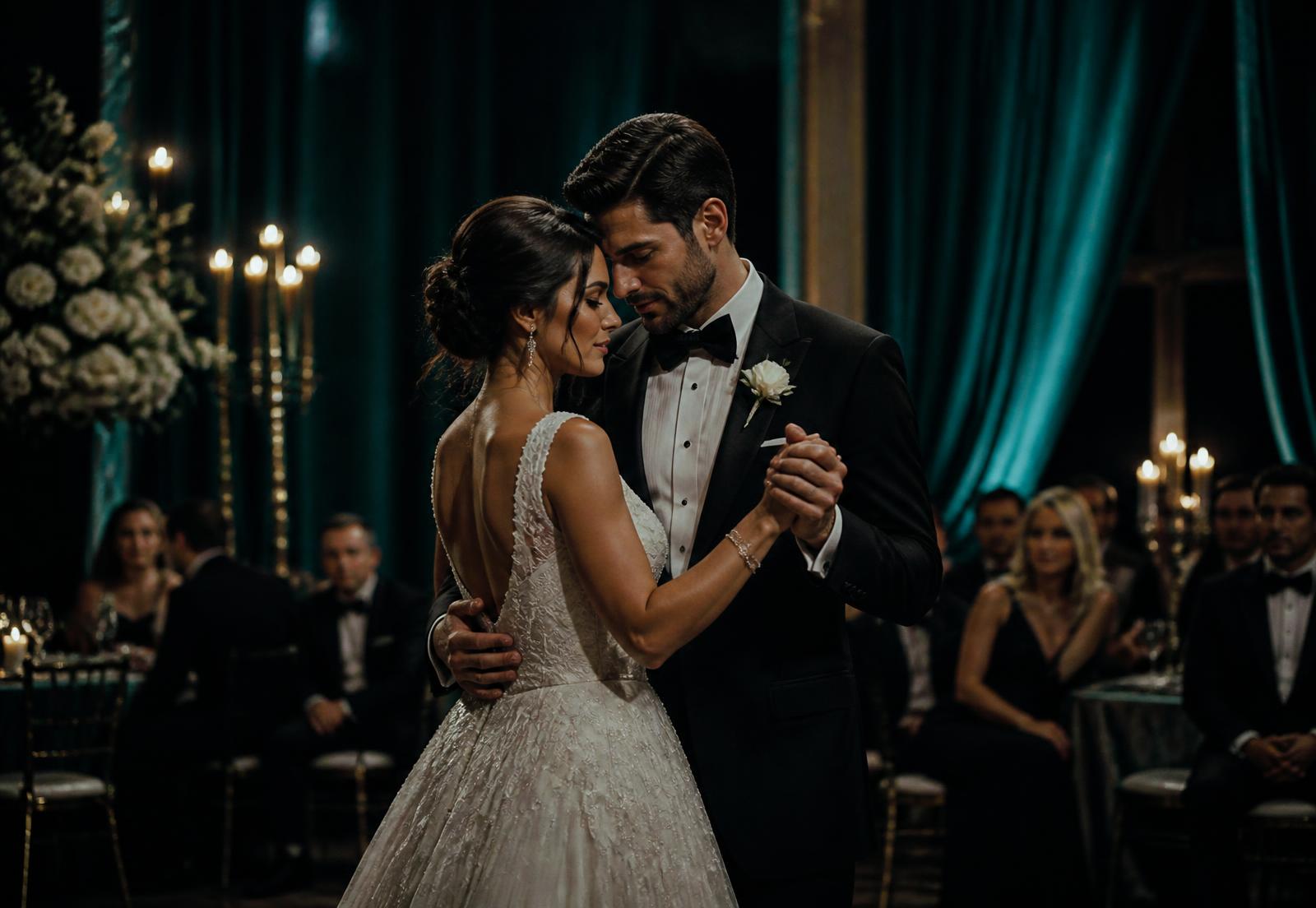 Couple sharing their first dance at a candlelit teal and gold reception